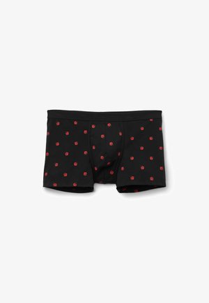 Schwarze Herren-Boxershorts mit kleinen roten Marienkäfermuster, gleichmäßig auf dem Stoff verteilt.