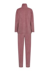 Two-piece pajama set in soft pink fleece, featuring a collar on the long-sleeve top and matching elastic waist pants, with a smooth texture.