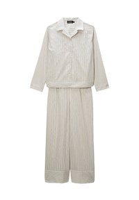 Ensemble de pyjama à rayures en beige clair et blanc cassé, comprenant un haut à boutons avec col et un bas à jambes larges au fit décontracté.