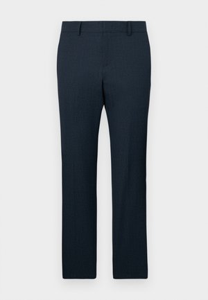 Navy blue tailored trousers with a textured fabric, straight-leg design, and front pleats. Features belt loops and a smooth waistband.