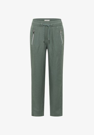 Pantalon décontracté vert avec taille élastique, cordon réglable et poches latérales zippées, coupe droite, en tissu léger.