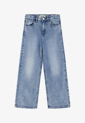 Gai ziliņi plaši izgrieztie džinsi ar nolietotu tekstūru, piecus kabatas un pogu aizdari viduklī. Šuves akcenti gar šuvēm.