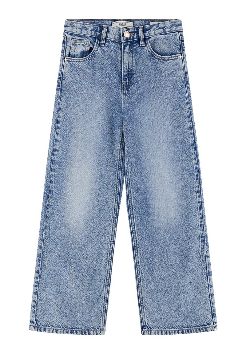 Jeans larges bleu clair avec une texture délavée, cinq poches et une fermeture à bouton à la taille. Détails de couture le long des coutures.