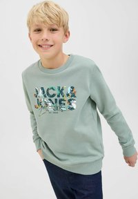 Sweat-shirt vert clair avec des poignets et un ourlet côtelés, affichant une impression graphique colorée "JACK & JONES". Porté par-dessus un pantalon en denim foncé.