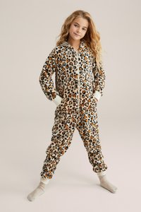 Leopardov vzorec flis bodi v bež barvi z oranžnimi detajli; dolgi rokavi, kapuca, zadrga in elastični manšeti za tesno prileganje.