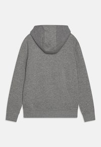 Sweatshirt gris avec capuche, doté de manches longues, de poignets et d'ourlet côtelés, et d'un tissu doux et texturé. La vue arrière montre des détails de design minimalistes.