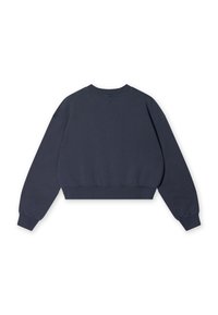 Felpa corta blu navy in cotone, con maniche lunghe, collo tondo e polsini e orlo a coste. Texture liscia con design minimalista.
