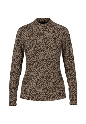 Long-sleeve top in a tan fabric featuring a leopard print pattern in black. Round neckline and fitted silhouette with ribbed cuffs.