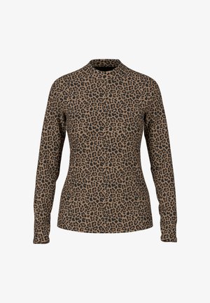 Langärmliges Oberteil aus einem tanfarbenen Stoff mit einem schwarzen Leopardenmuster. Rundhalsausschnitt und figurbetonte Silhouette mit gerippten Bündchen.