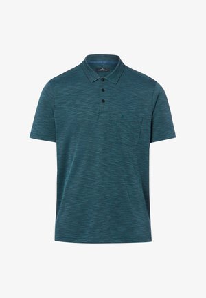 Męska koszulka polo z krótkim rękawem w kolorze morskim z delikatnym melanżowym wzorem, trzema guzikami przy kołnierzyku, kołnierzem i kieszonką na piersi na białym tle.
