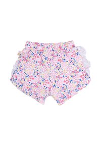 Pantaloni corti floreali in tessuto rosa chiaro, con orlo arricciato, fiori multicolori e fodera uniforme azzurro chiaro sui lati.
