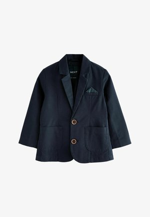 Blazer albastru marin din bumbac, având guler cu creț, două buzunare frontale, două butoane pentru un costum brown și o batista de buzunar cu model.