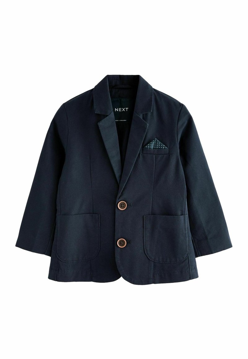 Marineblauwe blazer van katoen, met een gesneden kraag, twee voorkruiszakken, twee bruine knopen en een patroon pocket square.