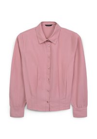 Camicia a maniche lunghe rosa con colletto classico, realizzata in un tessuto morbido, con una leggera lucentezza e maniche con polsini.