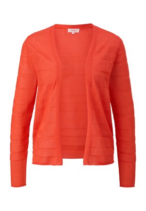 Rote, leichte Strickjacke mit langen Ärmeln und offenem Vorderteil. Texturierte Streifen verlaufen horizontal über den Stoff. Weiches, transparentes Material.