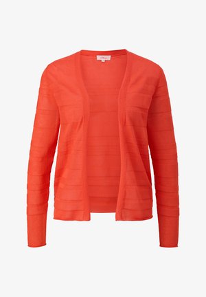 Rote, leichte Strickjacke mit langen Ärmeln und offenem Vorderteil. Texturierte Streifen verlaufen horizontal über den Stoff. Weiches, transparentes Material.