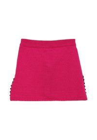 Gonna a maglione fucsia con cinturino a coste, con pompon neri sui lati. Design semplice a forma di A. Texture morbida.