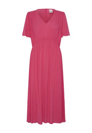 Robe midi rose avec encolure en V, manches courtes à volants, taille froncée et jupe fluide de la marque ICHI.
