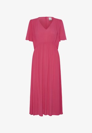 Robe midi rose avec encolure en V, manches courtes à volants, taille froncée et jupe fluide de la marque ICHI.