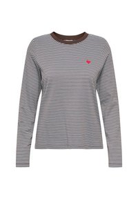 Koszulka z długim rękawem i okrągłym dekoltem z brązowo-białymi poziomymi paskami; z małym, czerwonym sercem wyszywanym na lewej części klatki piersiowej.