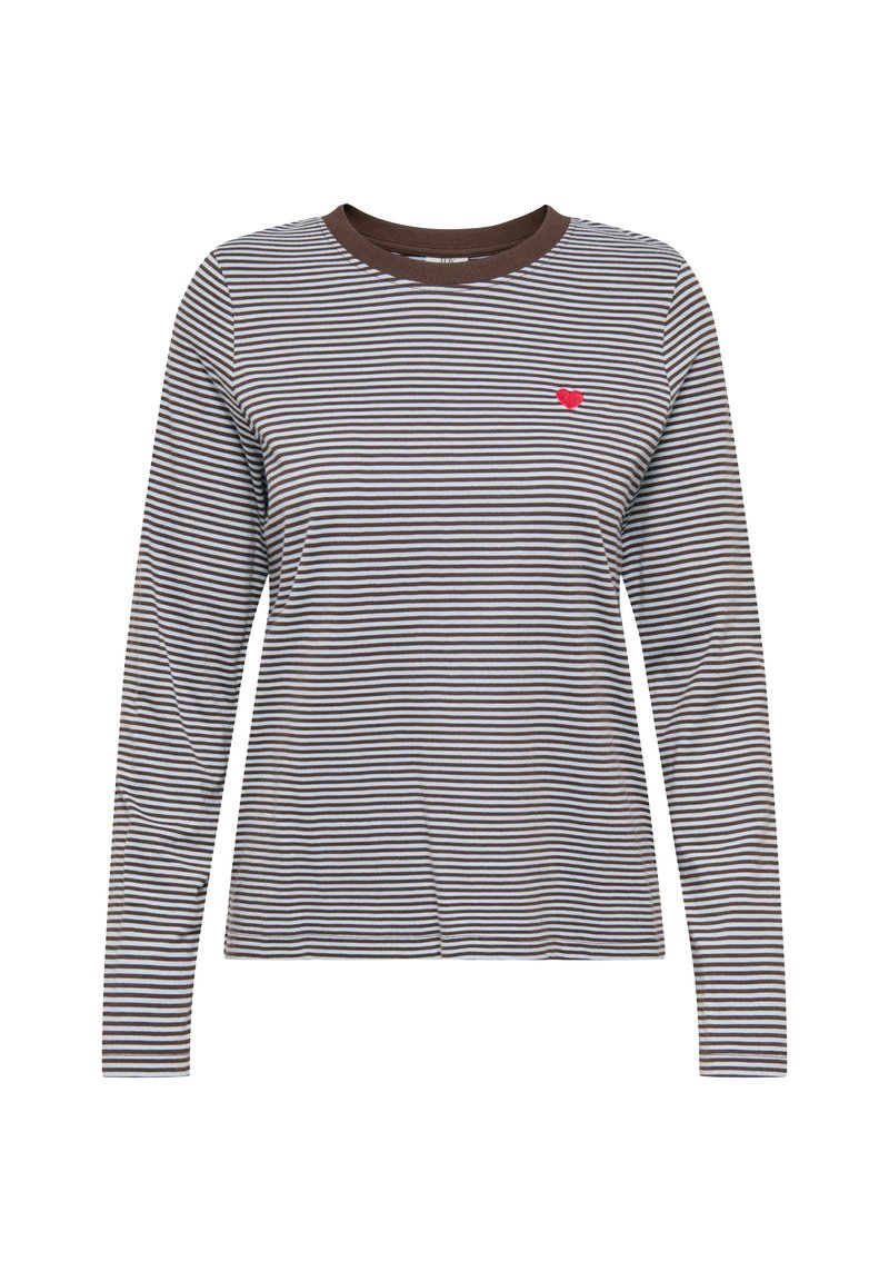 Koszulka z długim rękawem i okrągłym dekoltem z brązowo-białymi poziomymi paskami; z małym, czerwonym sercem wyszywanym na lewej części klatki piersiowej.