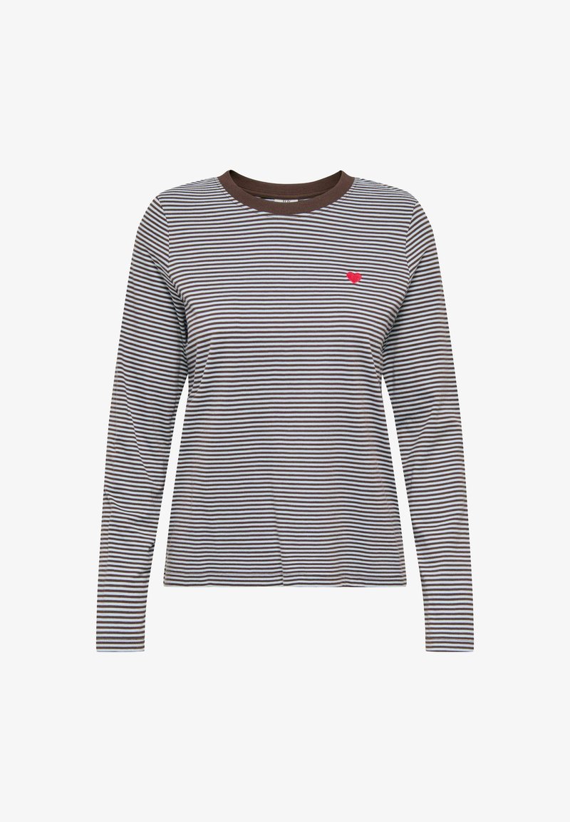 Koszulka z długim rękawem i okrągłym dekoltem z brązowo-białymi poziomymi paskami; z małym, czerwonym sercem wyszywanym na lewej części klatki piersiowej.