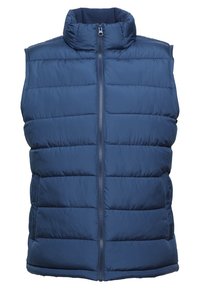 Mörkblå pufferväst med hög krage, framtida dragkedja och horisontellt kviltat mönster. Har elastiska ärmhål och en mjuk yta.