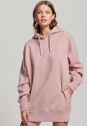 Hoodie rosa chiaro realizzato in materiale fleece, con tasca a marsupio, cappuccio con cordino e polsini a coste, dal taglio rilassato.