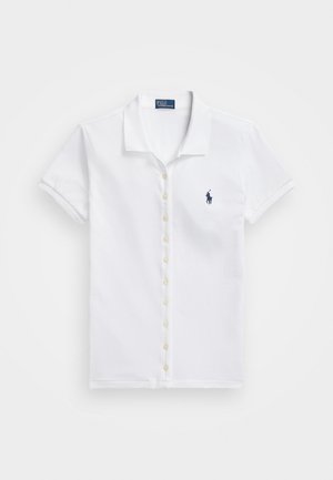 White short-sleeve polo shirt made of cotton, featuring a buttoned front placket and a small blue logo on the left chest.