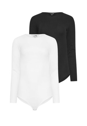 Dos bodysuits de manga larga: uno negro y uno blanco. Están hechos de una tela suave, con un escote redondo y cierre de broche en la parte inferior.
