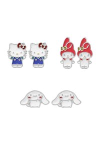 Set di tre paia di orecchini a bottone: presenta personaggi rivestiti di smalto, tra cui Hello Kitty e un coniglio, con design colorati e metallo lucido.