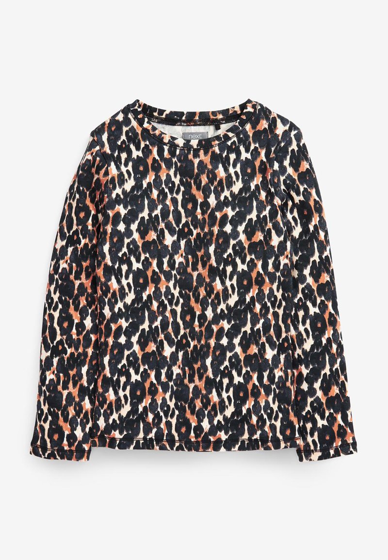 Majica dugih rukava s leopard uzorkom u crnoj, bijeloj i smeškoj boji. Izrađena od mekog materijala s okruglim izrezom i ravnim rubom.
