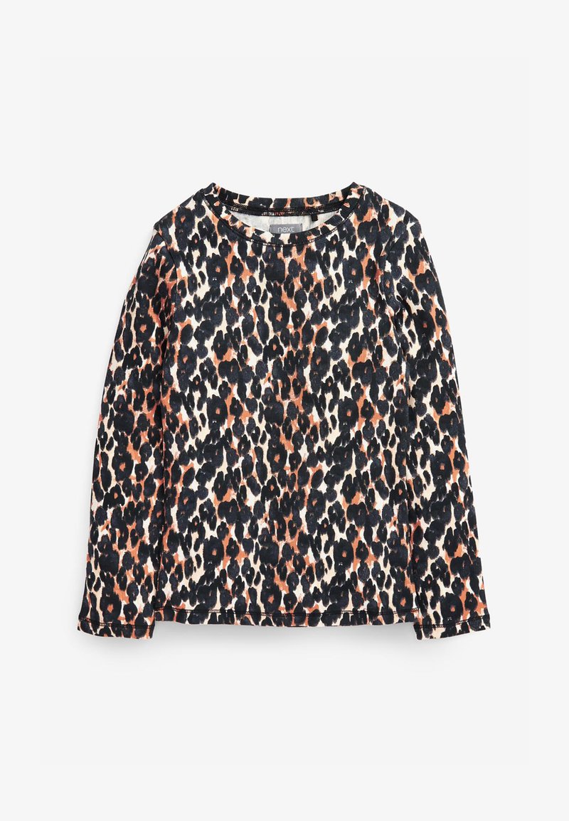 Hosszú ujjú felső fekete, fehér és barna leopárdmintával. Puha anyagból készült, kerek nyakkivágással és egyenes szegéllyel.