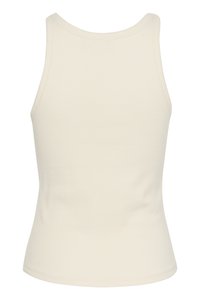 Débardeur côtelé crème avec un col arrondi et un design sans manches. Présente une silhouette ajustée et une texture lisse.