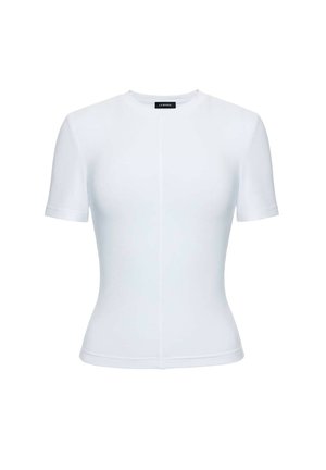 Valge lühikeste varrukate ja kitsas lõikega t-särk, mis on valmistatud siledast kangast, ümmarguse dekolteega ja keskse õmblusega esiosas, et tagada voolujooneline välimus.