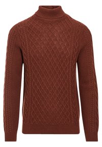 Pull en maille marron avec col roulé, présentant un motif de câble texturé et des bords côtelés aux poignets et à l'ourlet. Poids moyen et coupe ajustée.