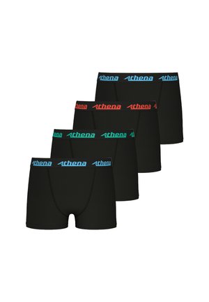 Caleçons boxers noirs dans un pack de quatre. Chacun a une ceinture contrastante en bleu, rouge ou vert avec le logo "Athena". Tissu lisse et design ajusté.