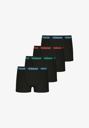 Caleçons boxers noirs dans un pack de quatre. Chacun a une ceinture contrastante en bleu, rouge ou vert avec le logo "Athena". Tissu lisse et design ajusté.