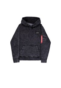 Black melange hoodie with kangaroo pocket, adjustable drawstring hood, logo patch on chest, and side pocket with red tag detail.
