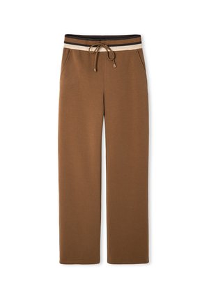 Pantaloni della tuta marroni con vita regolabile e strisce orizzontali marroni e crema. Realizzati in un materiale morbido e testurizzato.