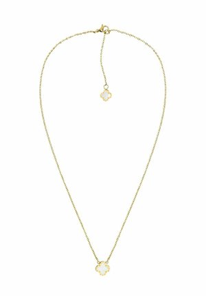 Delicata collana con catena in oro con due piccoli ciondoli in madreperla a forma di quadrifoglio, uno al centro e uno vicino alla chiusura.