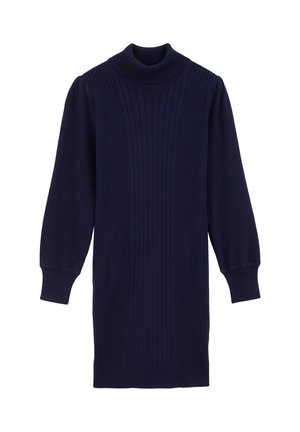 Abito in maglia a coste navy con colletto alto, maniche lunghe a sbuffo e polsini aderenti. La trama è liscia, enfatizzando le linee verticali.