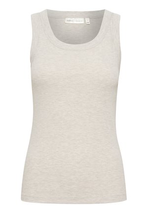 Világosszürke, ujjatlan, bordázott pamut top. Kerek nyakkivágással és karcsú fazonnal rendelkezik, minimális varrási részletekkel.