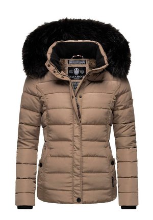 Bēšas izšūtas puffer jakas ar melnu mākslīgās kažokādas kapuci, divām sānu kabatām un ribotām aprocēm; iekļauj rāvējslēdzēja un pogu aizdari.