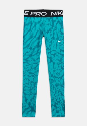 Τυρκουάζ κολάν Nike Pro με μαύρη μέση που φέρει λευκό κείμενο "NIKE PRO" και λευκό λογότυπο Nike στο δεξί μηρό.