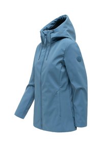 Naisten vaaleansininen hupullinen vedenpitävä takki, jossa edessä vetoketju ja sivutaskut, sekä vasemmassa hihoissa logo-kilpi.