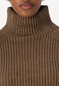 Brauner gerippten Rollkragenpullover mit strukturiertem Oberflächen und hohem Kragen, der einen weichen, dehnbaren Stoff und gleichmäßige Nähte zeigt.