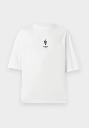 White short-sleeve t-shirt with small black geometric logo and "Han Kjøbenhavn" text on the center chest against a plain background.