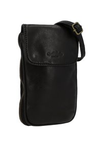 Borsa a tracolla in pelle nera con chiusura a patta, dettaglio con zip e tracolla regolabile. Presenta una texture liscia e un logo impresso.