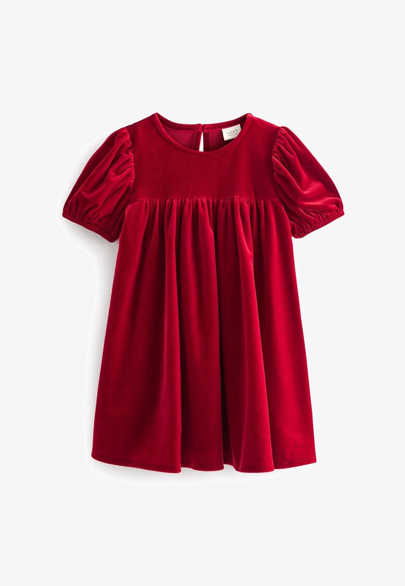 Robe bébé en velours rouge avec manches courtes bouffantes, taille froncée, encolure ronde et fermeture boutonnée au dos.